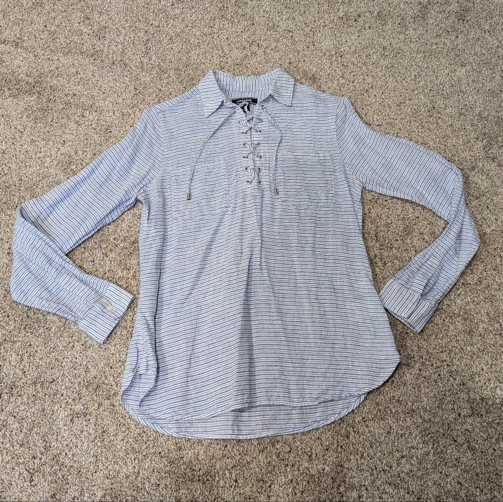 Lands End women sz 6 white blue striped 100% linen lace-up neckline long sleeve